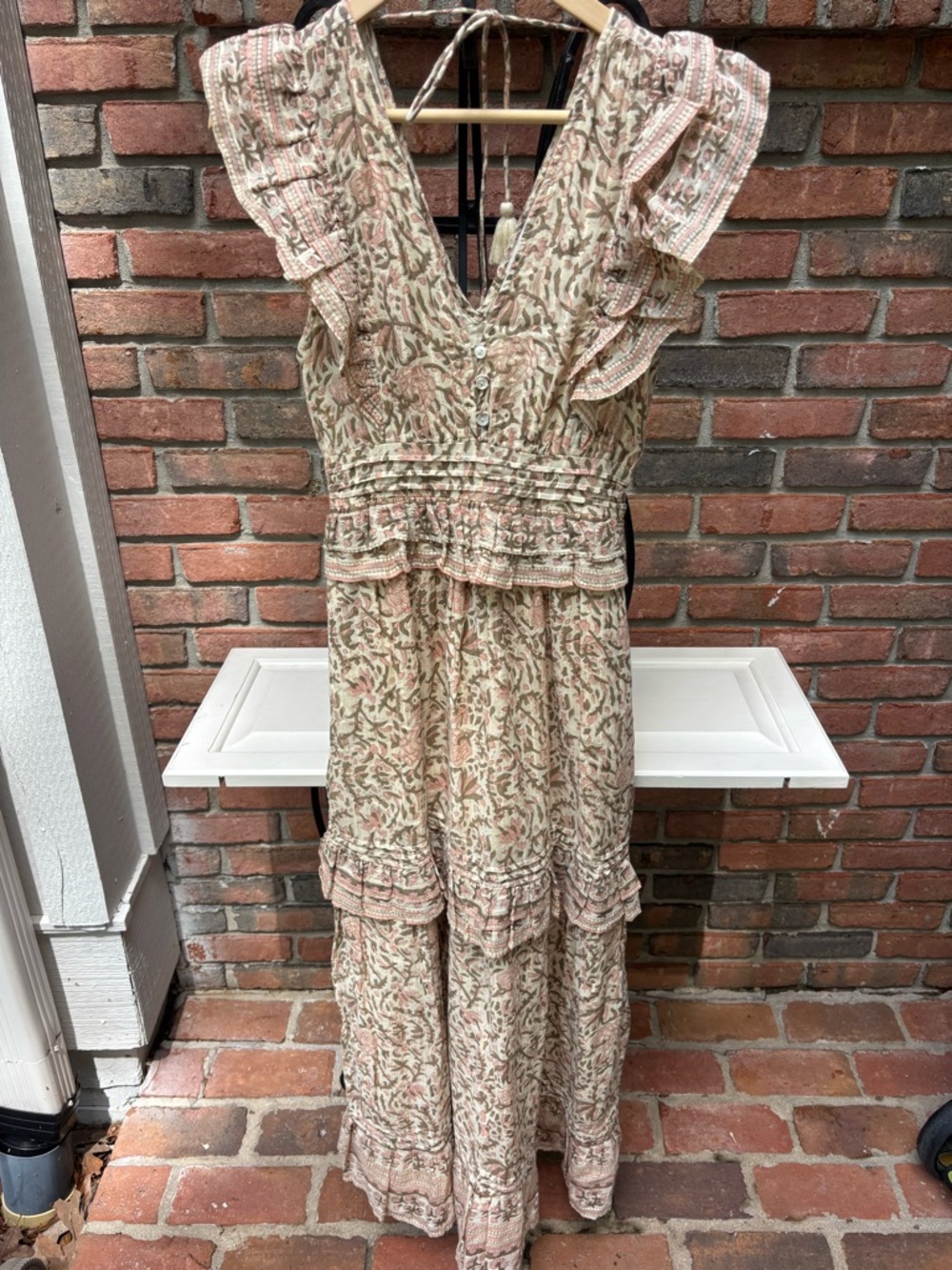 Cleobella Cream and Pink Floral Ruffle Tiered Maxi Dress